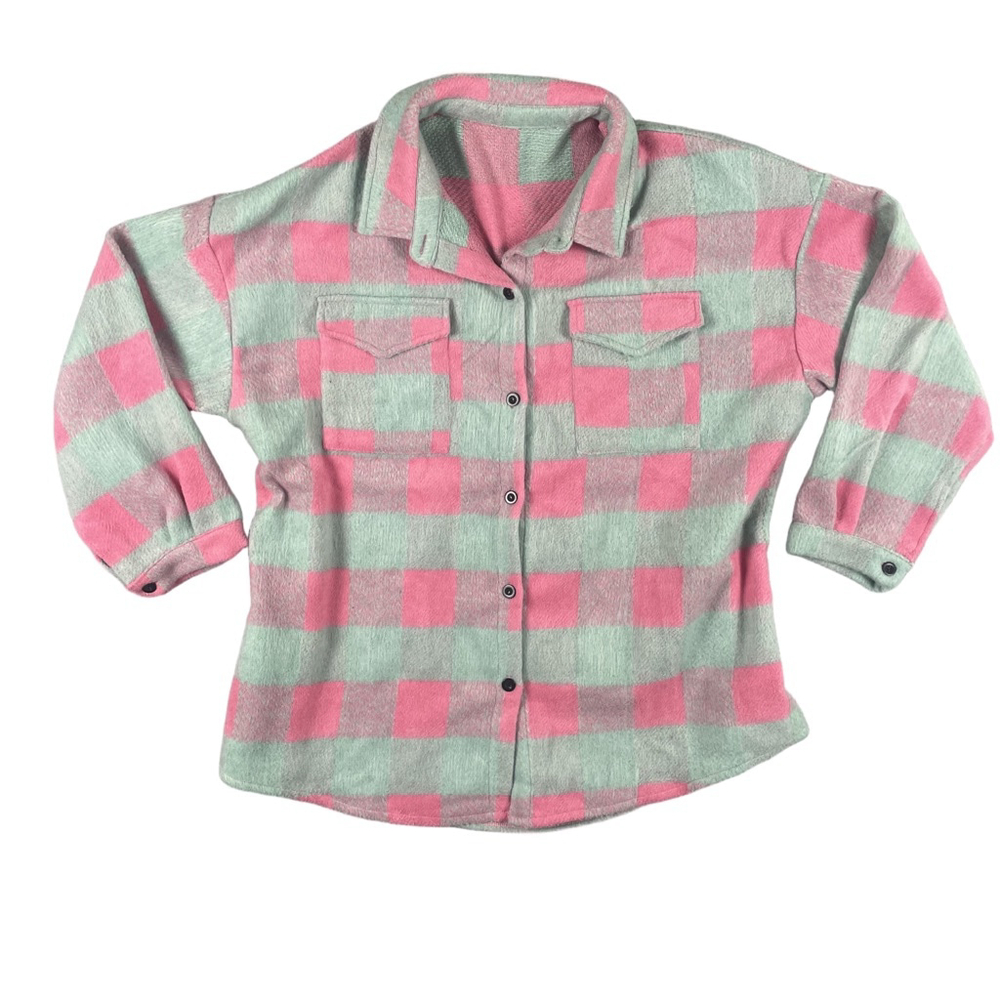 Oversized Plaid Fuzzy Shacket Pink Mint Green Checkered Shirt Jacket Womens XXL